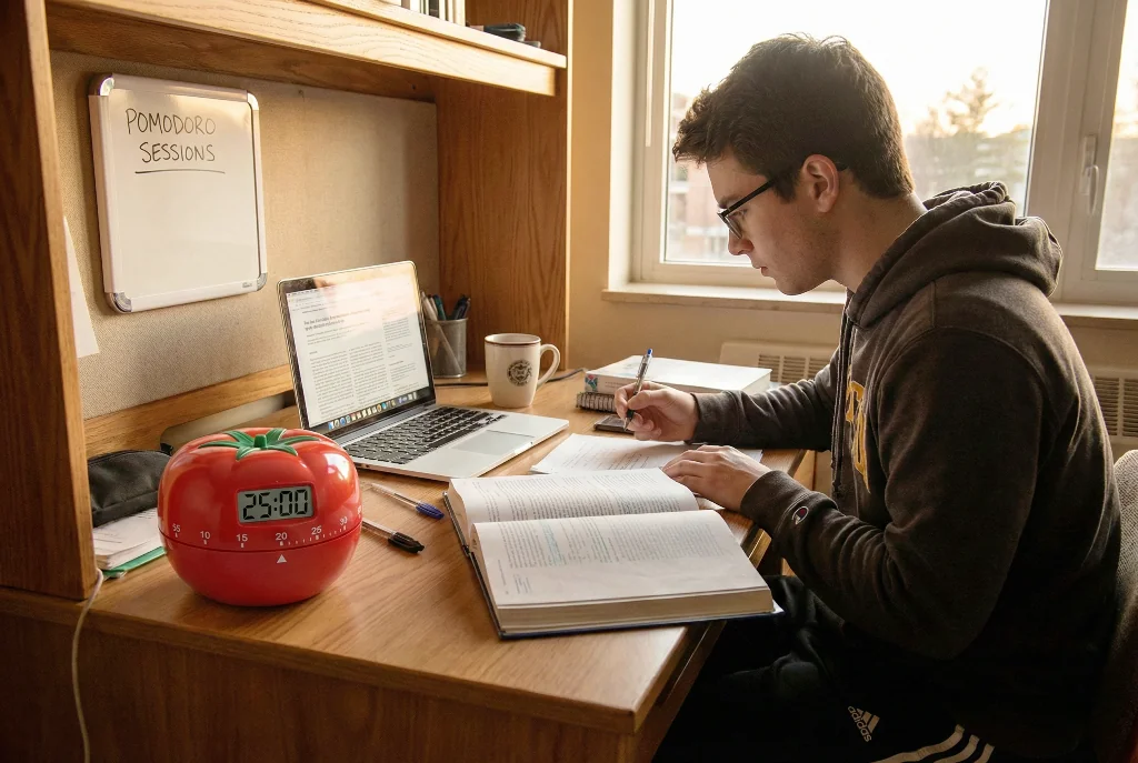 pomodoro tekniğini kullanarak ders çalışan bir öğrenci