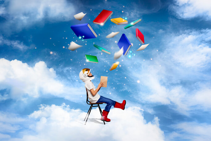 kızılay yaz kampı için bulutların üstünde başında kitaplar uçuşan öğrenci